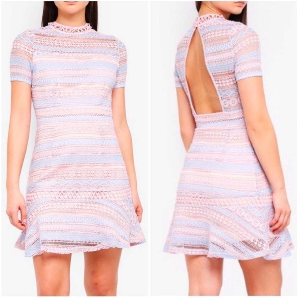 Foxiedox Clarinda Blue/Pink Lace Overlay Mini Dress Sz S EUC